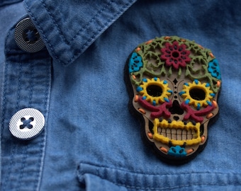 Day Of The Dead Skull Brooch, Gothic Halloween Pin