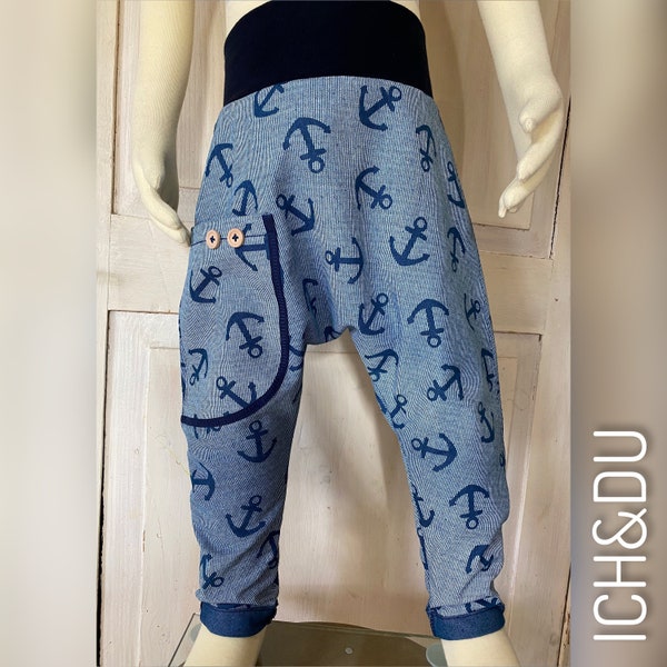 Pantalon jean baggy jean enfant avec poche bleu ancre Maritim garçons filles pantalon de jogging fait main sarouel skinny pantalon Saruel