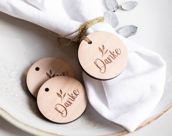 "Thank you" gift tags, wooden pendants, wedding or baptism gifts