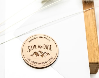 Save the Date Magnete Bergmotiv, personalisierte Holzmagnete als Gastgeschenk zur Hochzeit