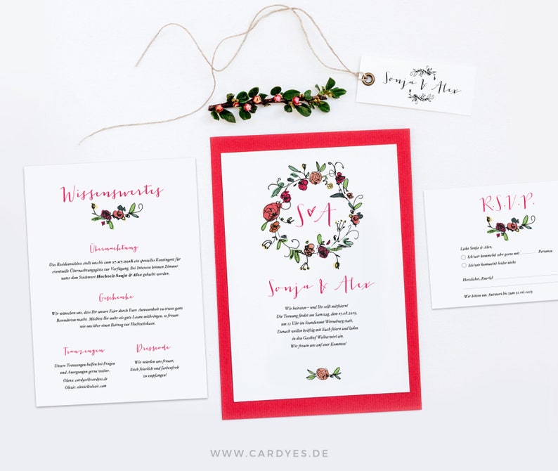 Wedding invitation Set 3 cards personalized with envelope boho wedding invitation