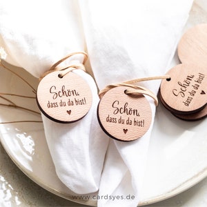 Etichette in legno "Bello che tu sia qui", segnaposti, portatovaglioli o etichette regalo