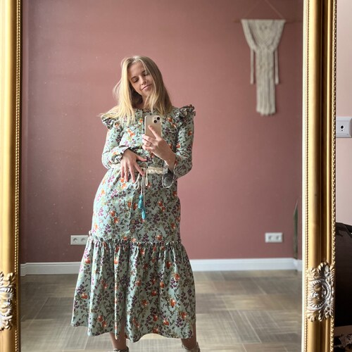 Flannel vintage dress shops | Warm breastfeeding dress XS, S, M, L, XL