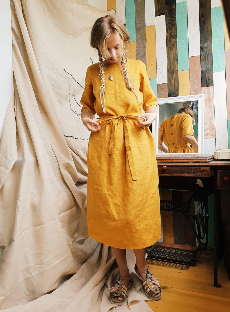 Simple linen peasant dress in mustard color with half sleeve Etsy