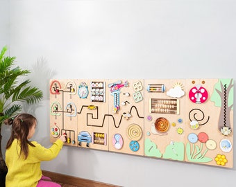 Large busy board Set of 5 panels in pastel colors for kids waiting room Kindergarten Interior Design Montessori furniture for public spaces