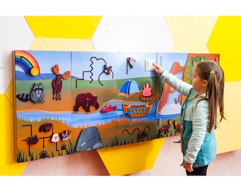 Large wall busy board set with led light Animals & nature theme activity panel Montessori School design National park Sensory room furniture