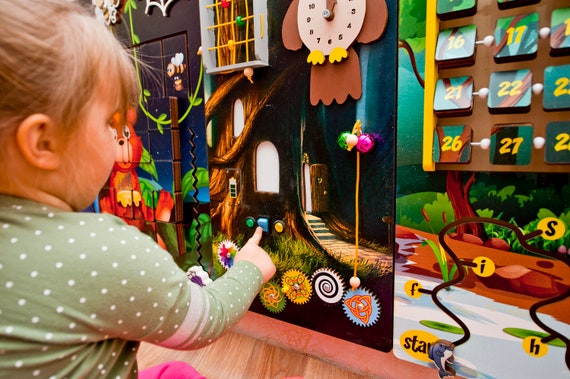 Waiting Room Toys Activity Panel Sensory Wall Montessori Furniture Custom Busy Board With A Camping Theme Playroom Design