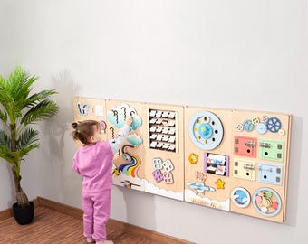 Wooden activity wall for kids development Interactive wall decor Fine motor skills montessori tool Commercial kids space furniture