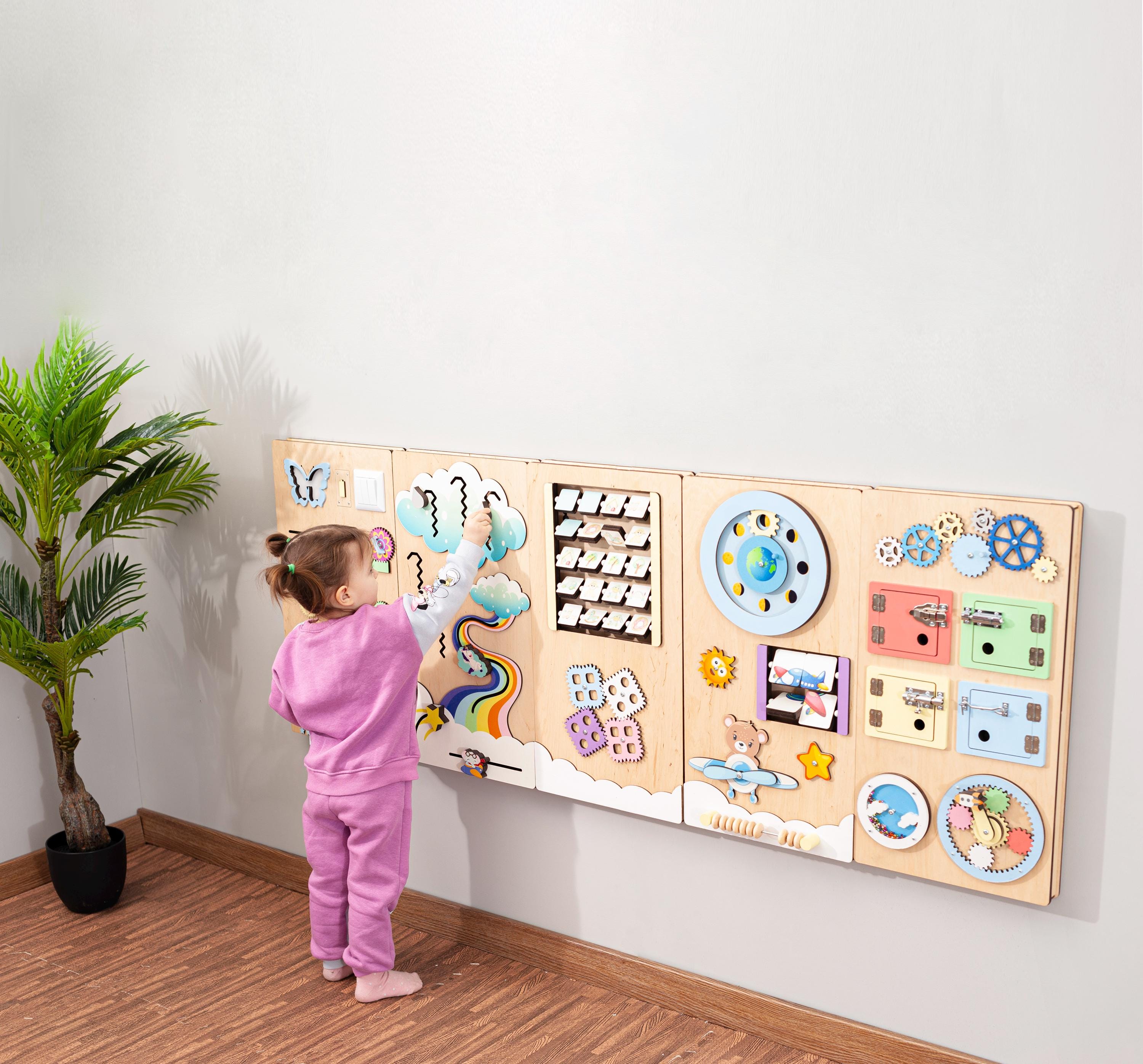 Wooden activity wall for kids development Interactive wall decor Fine motor skills montessori tool Commercial kids space furniture