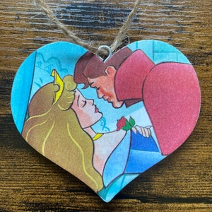 Sleeping Beauty Disney Inspired Wooden Hanging Heart Plaque Princess Aurora and Prince Philip