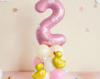 Cutie Pink Rubber Ducky Balloon Tower: Custom Jumbo Number Baby Girl Birthday Bath Theme Decor