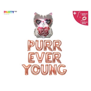 Purr ever Young banner balloon | Cat Birthday Party Decoration | Kitten Birthday Party Decor Balloon | Kitty Birthday Party Banner/Sign