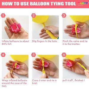 Op de afbeelding: Een roze ballonnenbindgereedschap wordt getoond in een stapsgewijze handleiding. De handleiding bevat tekstinstructies en afbeeldingen die laten zien hoe je het gereedschap kunt gebruiken om ballonnen te knopen. De tekst luidt: "HOW TO USE BALLOON TYING TOOL".