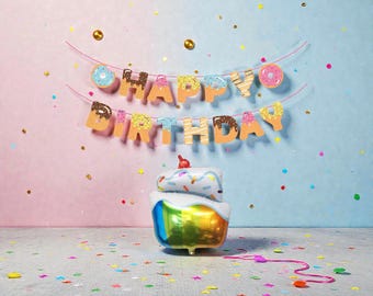 Pancarta de feliz cumpleaños con forma de dona: Kit de decoración para fiesta con globos y pastel