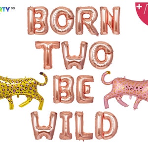 K&ouml;nnte beinhalten: Ros&eacute;goldene Folienballons mit der Aufschrift "BORN TWO BE WILD" mit einem goldenen und rosa Leopardenballon. Enth&auml;lt einen Ballonstrohhalm und eine Schnur. PartyEight.com-Logo in der oberen linken Ecke.