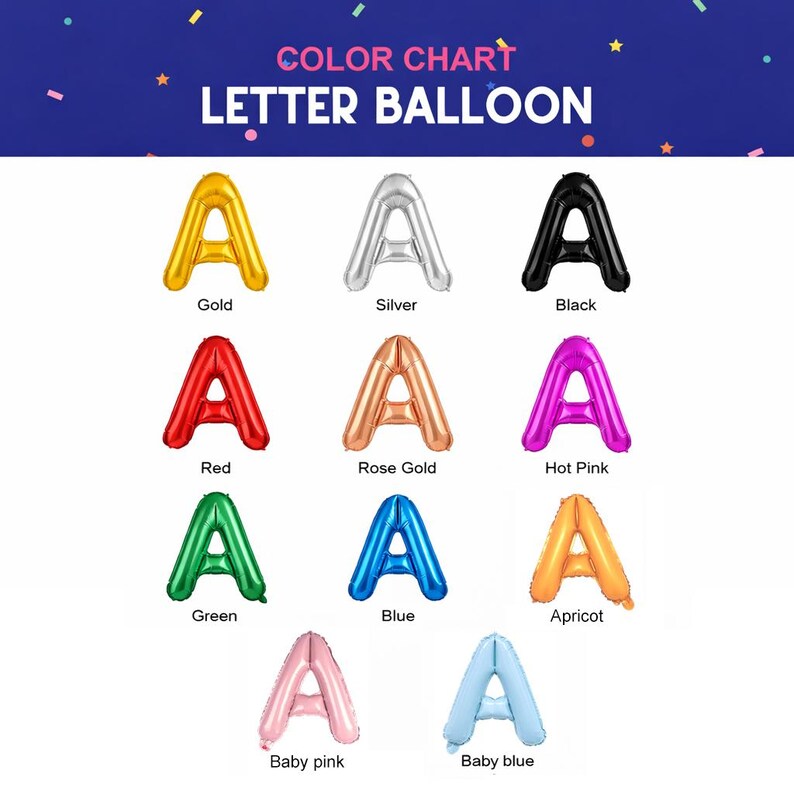 Op de afbeelding: Een kleurenkaart met letterballonnen in verschillende kleuren, waaronder goud, zilver, zwart, rood, ros&eacute;goud, felroze, groen, blauw, abrikoos, babyroze en babyblauw. De tekst "COLOR CHART LETTER BALLOON" staat bovenaan.