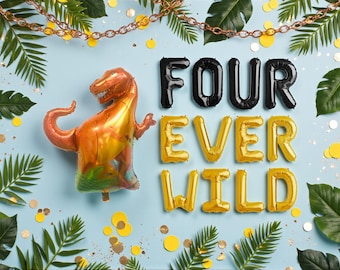 Four Ever Wild Balloon Banner: Dinosaur 4th Birthday Dino Party Decorations
