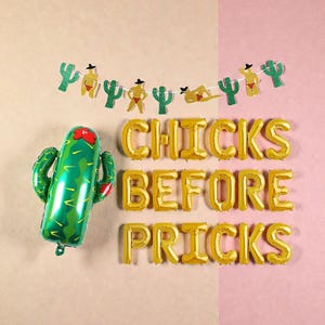 May include: A green cactus-shaped balloon with a red flower, and gold foil letter balloons spelling "CHICKS BEFORE PRICKS". A banner with cactus and figures in sombreros is strung above.