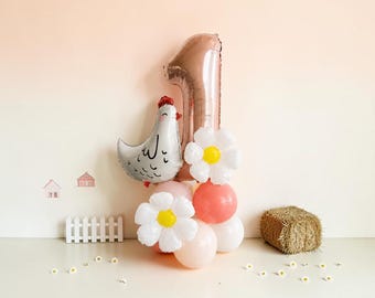 This Chick Is One Chicken Balloon Tower: Easter Farm First Birthday Party Decor Set