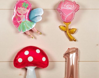 Fairy Party Balloons: Mushroom, Rose, Number 1, Pink Fairy