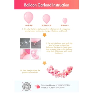 Op de afbeelding: Instructies voor het maken van een ballonslinger. De gids laat zien hoe je ballonnen op grootte sorteert: groot, medium en klein. Afbeeldingen en tekst begeleiden de stappen. Een QR-code voor een video is inbegrepen.