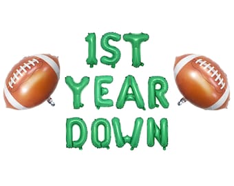 1st Year Down Football Banner | Sports Theme First Birthday Decorations | Set with Football Balloons | Green Foil Letter Balloon