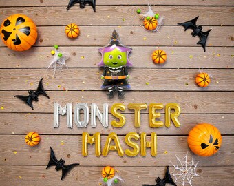 Monster Mash Balloons Banner: Halloween Birthday Spooky Party Witch Decor
