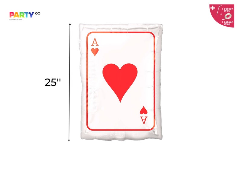 May include: A rectangular foil balloon shaped like an Ace of Hearts playing card, featuring a white background with a red border, a large central red heart, and the letter A with a small heart in the corners. It measures 25 inches in height.