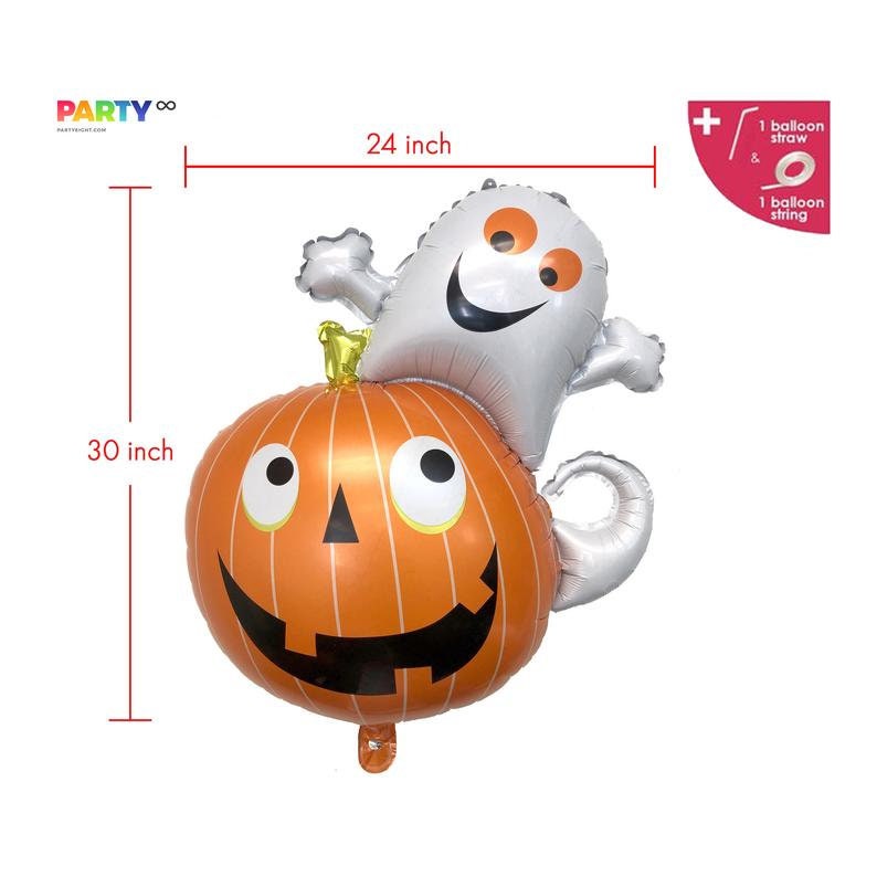 May include: A Halloween balloon set featuring an orange pumpkin with a smiling face and a white ghost. The pumpkin is 76 cm tall and 61 cm wide. Includes a balloon straw and string.