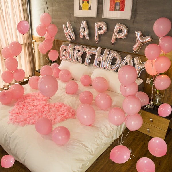 Pink Happy Birthday Decoration w/ pink Balloons  | Pink Birthday Party Decorations Balloon | Pink Themed Birthday Party
