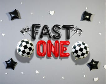 Race Car Fast One Balloon Banner: 1st Birthday Party Racing Theme Birthday Decor