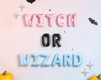 Halloween Witch Or Wizard Balloons: Gender Reveal Baby Is Brewing Boy Girl Party Decor