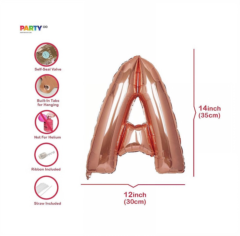Op de afbeelding: Ros&eacute;gouden folieballon in de vorm van de letter "A". De ballon is 35 cm hoog en 30 cm breed. Voorzien van een zelfsluitend ventiel, lipjes om op te hangen, een rietje en lint. De tekst "PARTY" is zichtbaar.