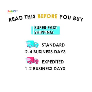 May include: A graphic with the text "READ THIS BEFORE YOU BUY" in yellow and black.  The graphic also includes three shipping options: "SUPER FAST SHIPPING", "STANDARD 2-4 BUSINESS DAYS", and "EXPEDITED 1-2 BUSINESS DAYS".