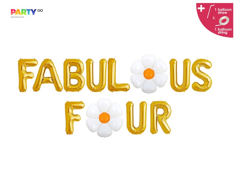 Op de afbeelding: Gouden folieballonnen met de tekst "FABULOUS FOUR" met twee witte madeliefvormige ballonnen met oranje centra. Inclusief een ballonzuigrietje en touw. Feestdecoratie voor een vierde verjaardag.