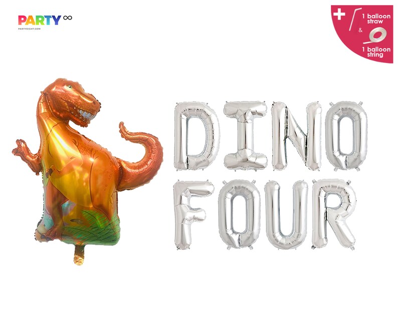 DINO FOUR Dinosaur Birthday Party 4th Birthday Dinosaur Birthday Party T-Rex Birthday Dinosaur Balloon Jurassic Park/Roar Rawr Theme image 3