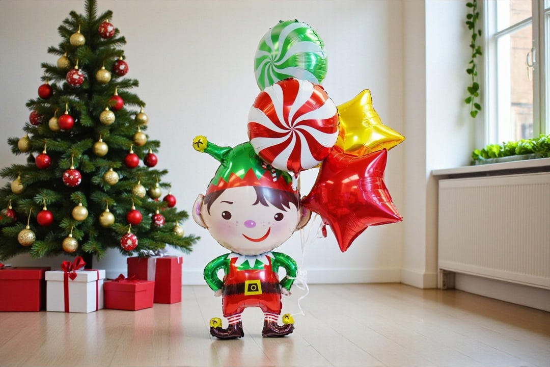 Christmas Elf Balloon Bouquet: Red Green Gold Star Party Decor - Etsy