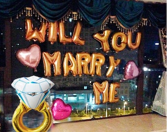 Wedding Proposal Decorations | Gold &quot;Will You Marry Me &quot; Balloon Set  | Marriage Proposal Ideas | Proposal At Night | Diamond ring balloon