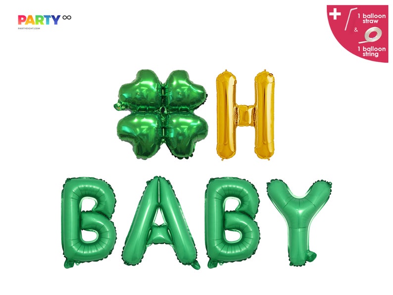 May include: Green and gold foil balloons spelling out "BABY" and "#SH" with a four-leaf clover. The balloons are for a baby shower or gender reveal party. Includes a balloon straw and string.