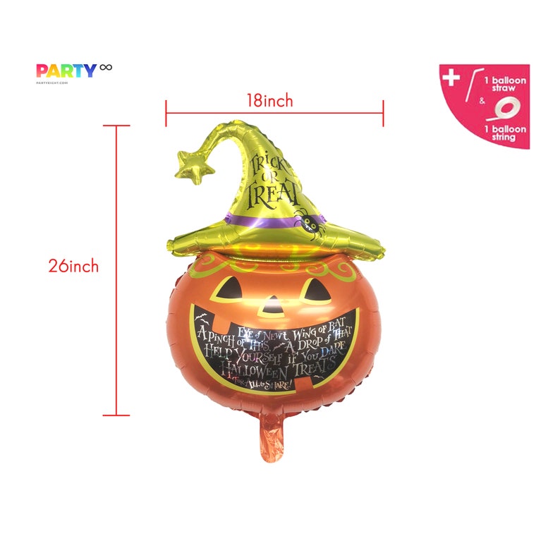 May include: A Halloween-themed balloon shaped like a pumpkin wearing a witch hat. The orange pumpkin has a carved face and text that reads "Trick or Treat". The balloon measures 26 inches tall and 18 inches wide.