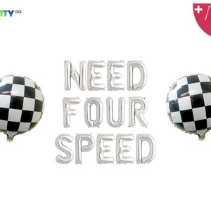 May include: A party decoration set featuring silver foil letter balloons spelling "NEED FOUR SPEED" with two checkered flag balloons. Includes a balloon straw and string. Perfect for a race car themed party.