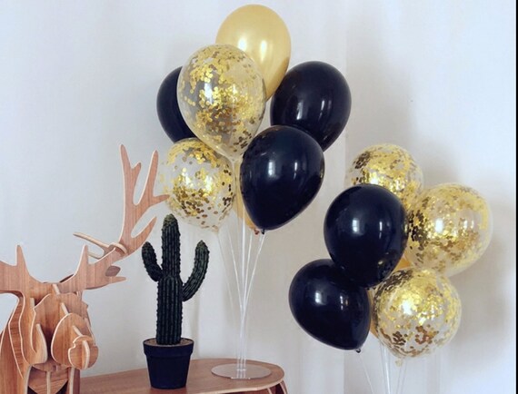 Black And Gold Confetti Balloon Bouquet Bridal Shower Etsy