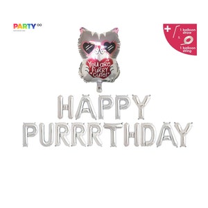 Puede incluir: Un juego de globos de aluminio plateado con las palabras "HAPPY PURRRTHDAY". Un globo con forma de gato con gafas de sol y el texto "You are FURRY CUTE!" est&aacute; encima. Incluye una pajita y una cuerda.
