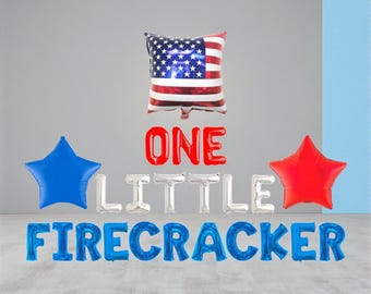 One Little Firecracker First Birthday Banner: July 4th Patriotic Decorations Baby Party USA Theme
