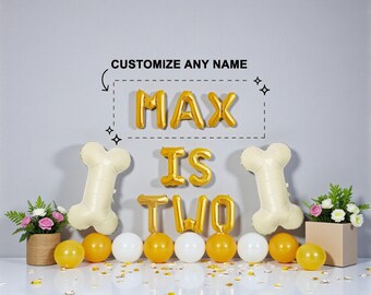 Personalized 2nd Birthday Dog Balloon Banner："[Name] is TWO" and Bone Balloons