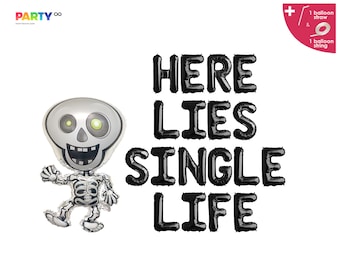 Here Lies Single Life Balloon Banner with Skeleton Balloon | Halloween Bachelorette Party Decorations Banner/Sign