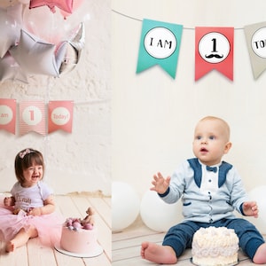 Banner de 1.er cumpleaños / Sesión de fotos de aplastamiento de pastel de niña y niño de 1.er cumpleaños / Decoración de fiesta de cumpleaños de 1 año / Banner de silla alta para fiesta de 1.er cumpleaños
