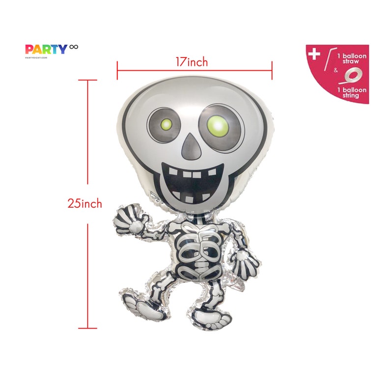 May include: A silver skeleton balloon with a black skull and green eyes. The balloon is 17 inches wide and 25 inches tall.