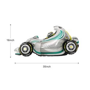 May include: A silver and green race car shaped foil balloon, 35 inches long and 16 inches tall. The balloon features the text "GRABORAEM" and "OFFICIAL WORLDWIDE".