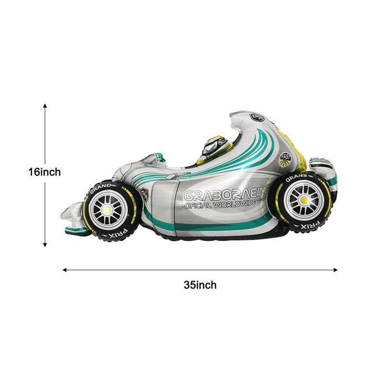 May include: A silver and green race car shaped foil balloon, 35 inches long and 16 inches tall. The balloon features the text "GRABORAEM" and "OFFICIAL WORLDWIDE".
